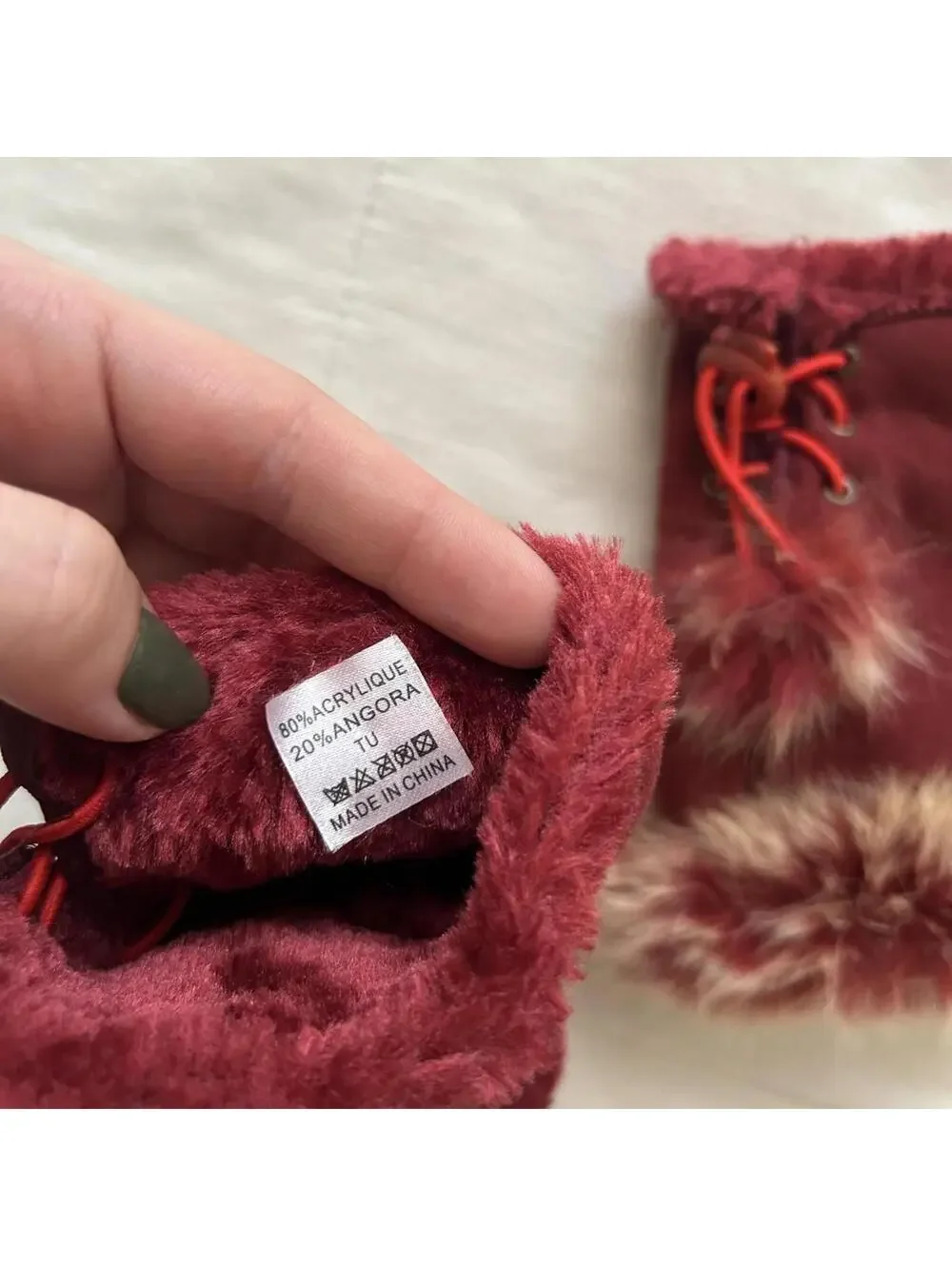 Vintage Burgundy Faux Suede Fur Trim Mittens Winter Coquette Holiday